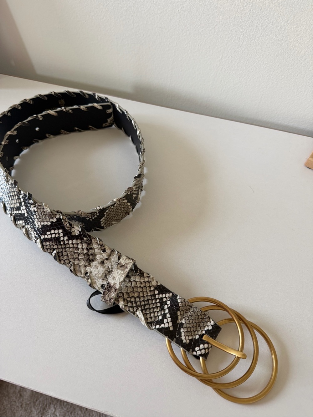 CAbi Snake-Print Belt with Triple Gold Rings - Black & Cream